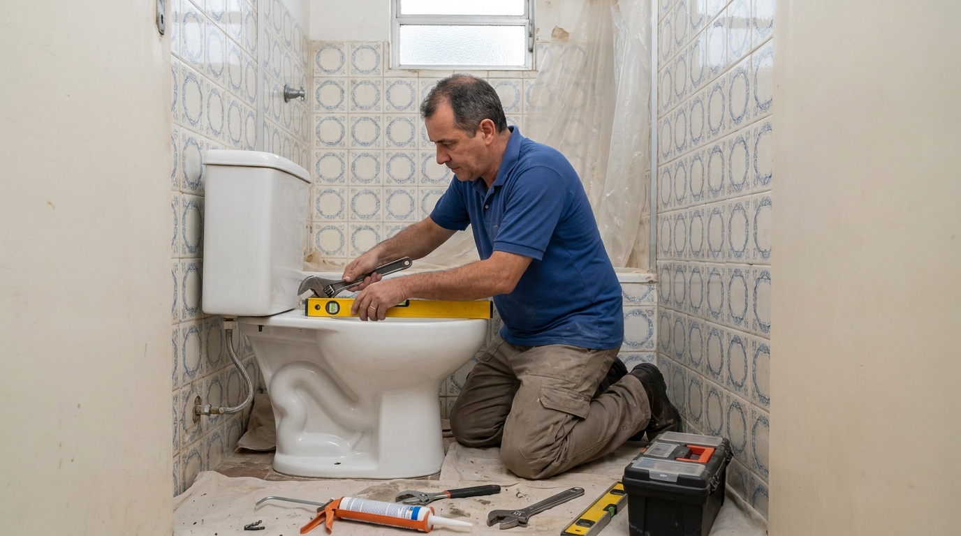 Técnico instalando vaso sanitário em Teresina‑PI